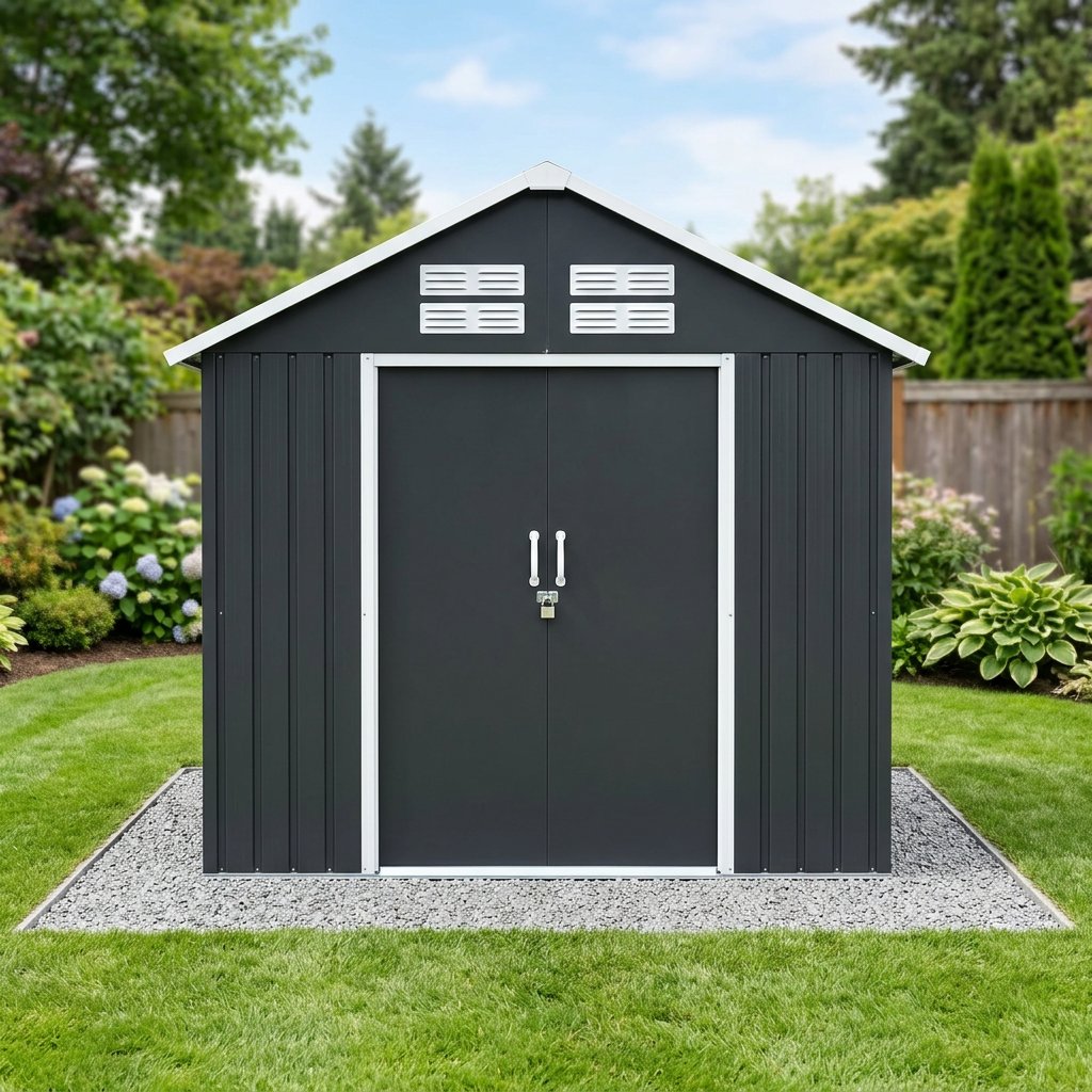 Oakline 8x6 ft Gable Roof Galvanized Steel Garden Shed — Double Doors & 4 Vents, Dark Charcoal