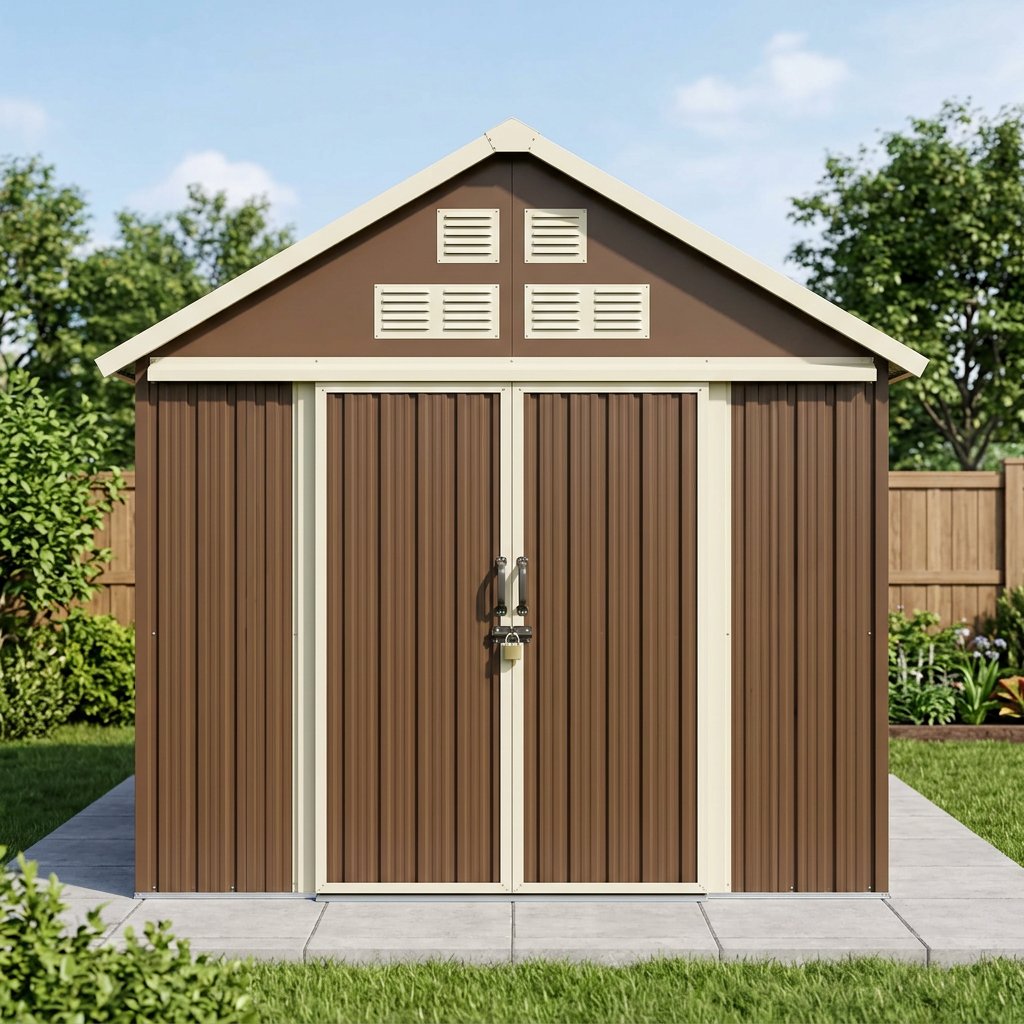 Oakline 9x6 ft Heavy-Duty Ventilated Metal Storage Shed — Double Lockable Doors, Earth Brown