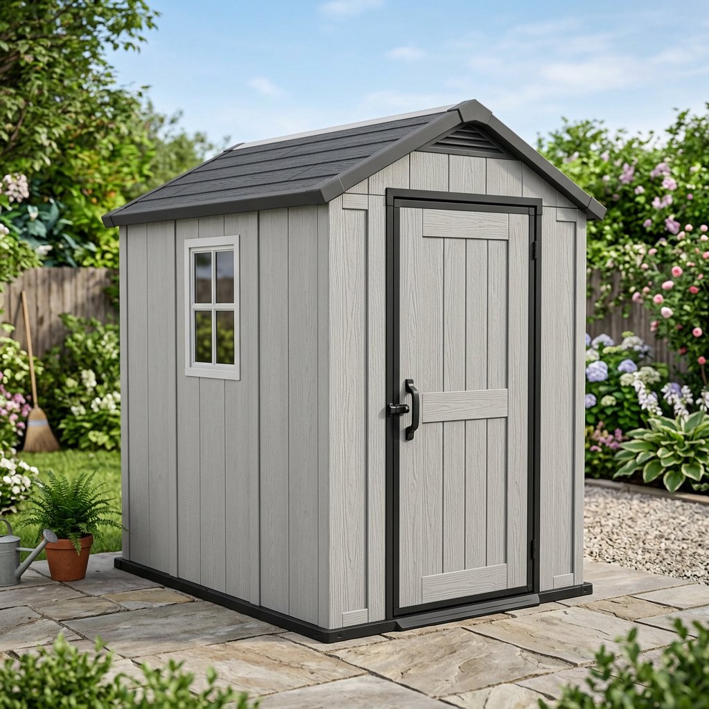 Oakline 6x4 ft All-Weather Resin Patio & Garden Shed — Built-In Floor & Window, Light Gray