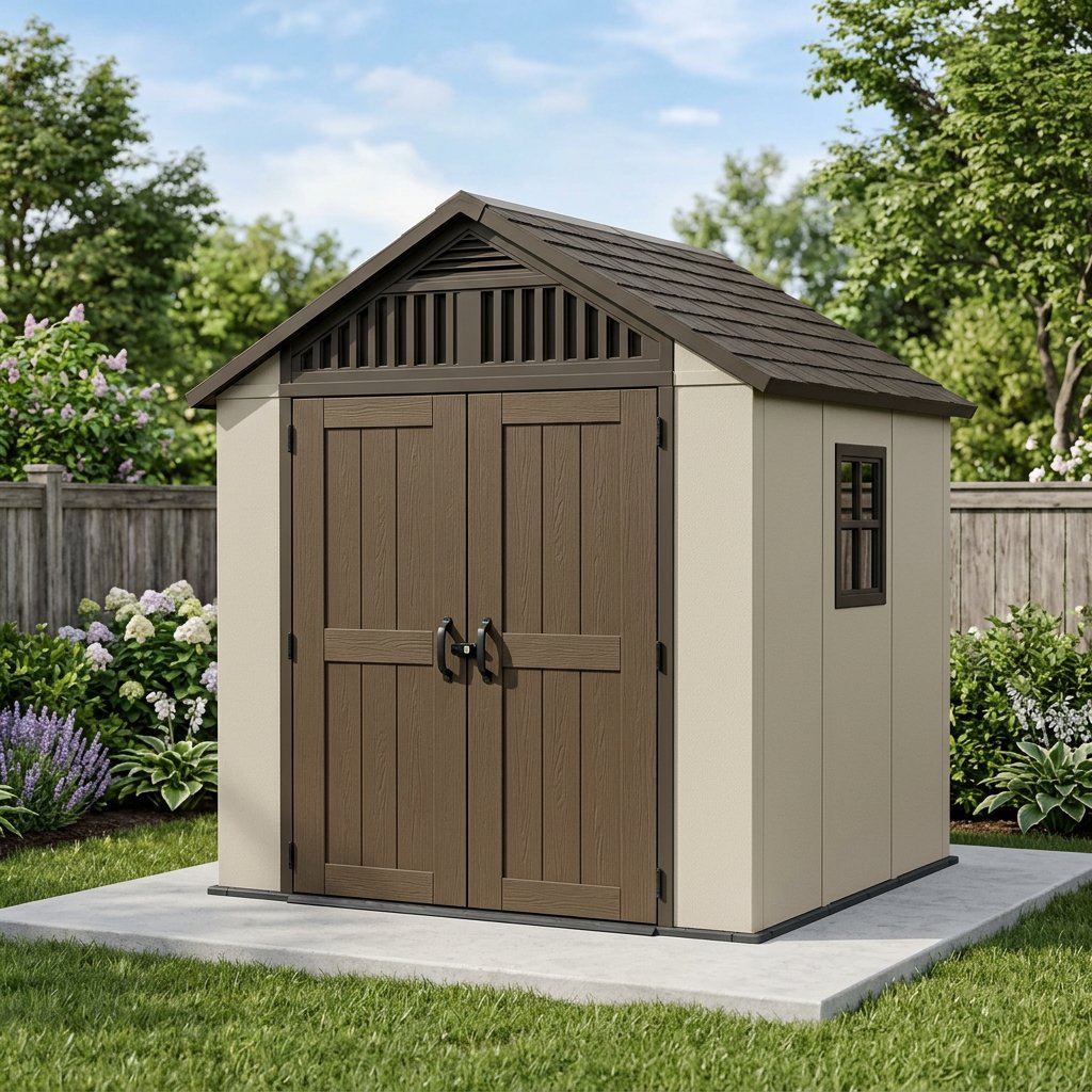 Oakline 8x8 ft Heavy-Duty Resin Utility & Mower Shed — Molded Floor & Transom Vents, Sand Beige