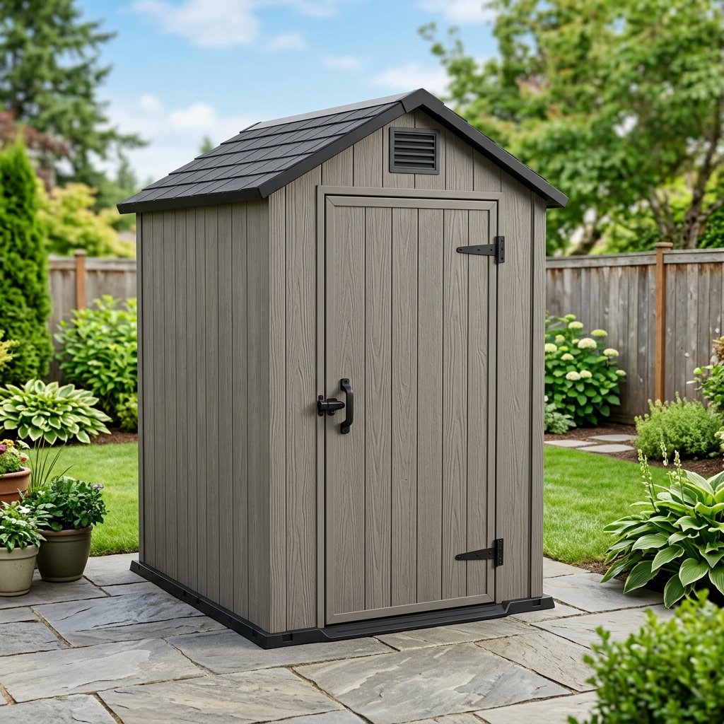 Oakline 4x6 ft Compact Double-Wall Resin Patio Shed — Molded Floor & Single Door, Warm Gray