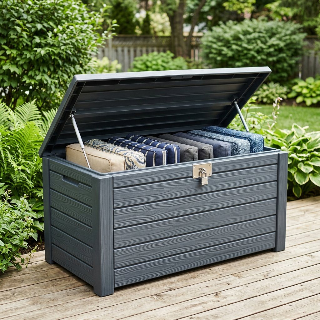 Oakline 120-Gallon Weatherproof Resin Deck & Patio Storage Box — Hydraulic Piston Lid, Slate Charcoal