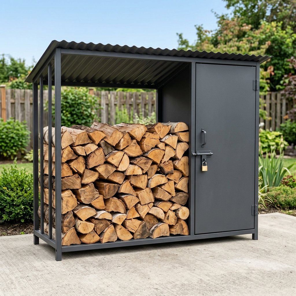 Oakline 8x3 ft Galvanized Steel Covered Firewood Rack & Lockable Tool Locker — Matte Charcoal